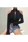 Siyah Omuz Detay Yarım Balıkçı Fermuarlı Bodycon Uzun Kollu Tarz Bluz