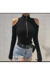 Siyah Omuz Detay Yarım Balıkçı Fermuarlı Bodycon Uzun Kollu Tarz Bluz