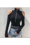 Siyah Omuz Detaylı Fermuarlı Fitilli Esnek Crop