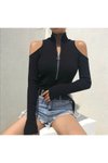 Siyah Omuz Detaylı Fermuarlı Fitilli Esnek Crop