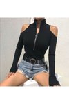 Siyah Omuz Detaylı Fermuarlı Fitilli Esnek Crop