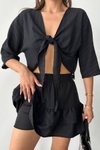 Siyah Önden Bağlamalı Keten Şortlu Etek İkili Takım