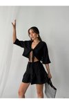 Siyah Önden Bağlamalı Keten Şortlu Etek İkili Takım