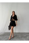 Siyah Önden Bağlamalı Keten Şortlu Etek İkili Takım