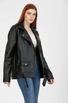 Siyah Oversize Bol Kesim Kemerli Biker Deri Ceket