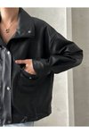 Siyah Oversize Suni Deri Fermuarlı Ceket