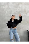 Siyah Peluş Crop Kapüşonlu Mont