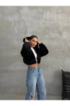 Siyah Peluş Crop Kapüşonlu Mont