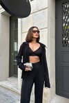 Siyah Piliseli Üçlü Crop Gömlek Pantolon Takım