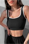 Black Color White Piped Square Neck Strappy Crop Top