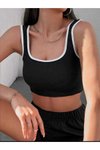 Siyah Renk Beyaz Biyeli Kare Yaka Askılı Crop Atlet
