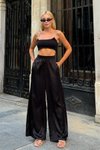 Siyah Solve Geniş Kesim Saten Pantolon