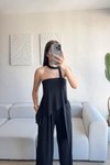 Siyah Straplez Asimetrik Bluz Pantolon Fularlı İkili Takım