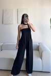 Siyah Straplez Asimetrik Bluz Pantolon Fularlı İkili Takım