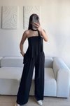 Siyah Straplez Asimetrik Bluz Pantolon Fularlı İkili Takım