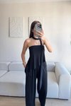 Siyah Straplez Asimetrik Bluz Pantolon Fularlı İkili Takım