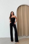 Siyah Straplez Büzgülü Crop Ve Pantolon Gofre İkili Takım