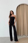 Siyah Straplez Büzgülü Crop Ve Pantolon Gofre İkili Takım