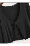 Siyah Süslü Nervür Dikişli Kaşkorse Uzun Kollu Bağlamalı Bluz