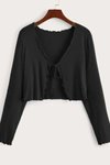 Siyah Süslü Nervür Dikişli Kaşkorse Uzun Kollu Bağlamalı Bluz