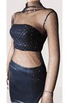Siyah Taş Balıkçı Yaka Bodycon Parmak Geçmeli Likralı Parlak Puantiye Tüllü Tarz Bluz