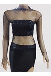 Siyah Taş Balıkçı Yaka Bodycon Parmak Geçmeli Likralı Parlak Puantiye Tüllü Tarz Bluz