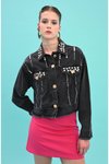 Siyah Taş İşlemeli Denim Kot Ceket