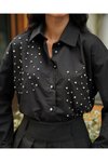 Siyah Taşlı Premium Kalite Uzun Kollu Oversize G ömlek