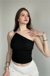 Siyah Tek Omuz Aksesuar Detaylı Ottoman Crop Bluz