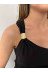 Siyah Tek Omuz Gold Aksesuarlı Crop Tshirt