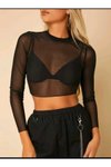 Siyah Transparan Bisiklet Yaka Tül Crop Bluz