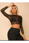 Siyah Transparan Bisiklet Yaka Tül Crop Bluz