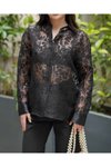 Siyah Transparan Çiçek Desenli Uzun Kollu Gömlek
