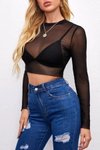 Siyah Transparan Seksi Tül Body Crop Top Uzun Kollu Bluz