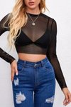 Siyah Transparan Seksi Tül Body Crop Top Uzun Kollu Bluz