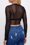 Siyah Transparan Seksi Tül Body Crop Top Uzun Kollu Bluz