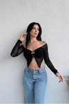Siyah Tül Detaylı Kelebek Model Crop Bluz