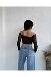 Siyah Tül Detaylı Kelebek Model Crop Bluz