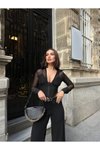 Siyah Tül Ikili Agraf Detaylı Korse Gömlek Bluz