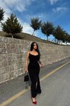 Siyah Uzun Askılı Degaje Yaka Yırtmaçlı Elbise