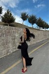Siyah Uzun Askılı Degaje Yaka Yırtmaçlı Elbise