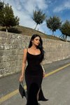 Siyah Uzun Askılı Degaje Yaka Yırtmaçlı Elbise