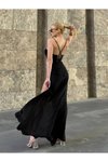 Siyah Uzun Askılı Göğüs Drape Detaylı Abiye Elbise