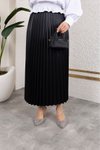 Siyah Uzun Deri Görünümlü Beli Lastikli Piliseli Etek