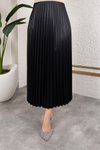 Siyah Uzun Deri Görünümlü Beli Lastikli Piliseli Etek