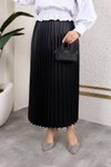 Siyah Uzun Deri Görünümlü Beli Lastikli Piliseli Etek