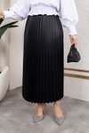 Siyah Uzun Deri Görünümlü Beli Lastikli Piliseli Etek