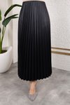 Siyah Uzun Deri Görünümlü Beli Lastikli Piliseli Etek