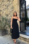 Siyah Uzun Dina Askılı Keten Elbise