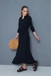 Siyah Uzun Krep Cepli Katlanabilir Kollu Büzgülü Yazlık Elbise